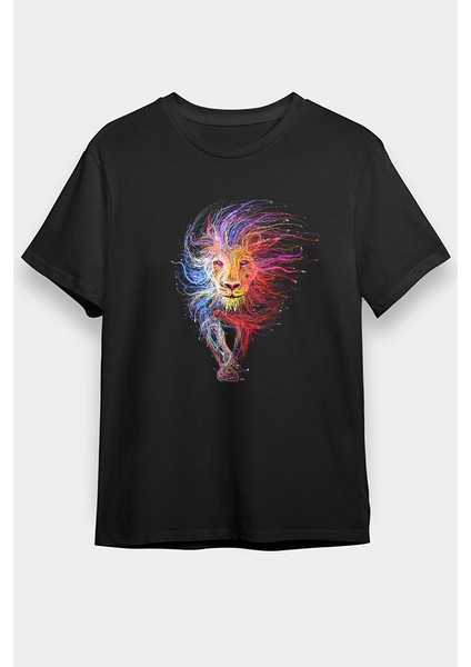 Renkli Yeleli Aslan Siyah Unisex Tişört T-Shirt