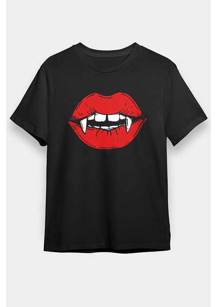 Halloween Vampir Dişler Siyah Unisex Tişört T-Shirt
