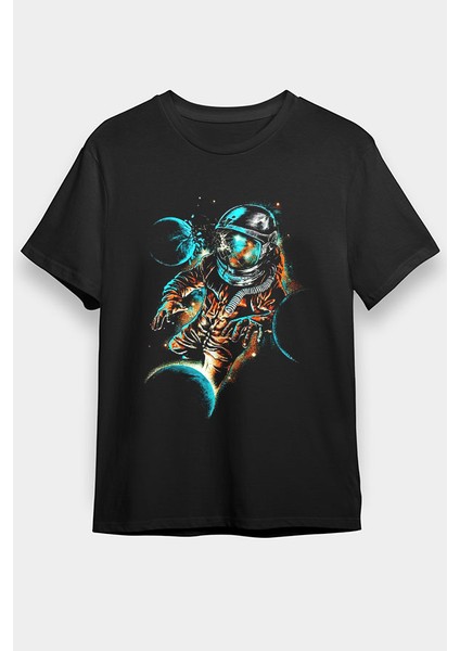 Astronot ve Gezegenler Siyah Unisex Tişört T-Shirt