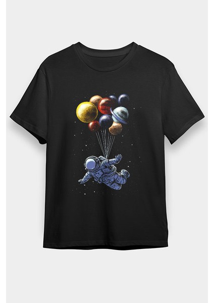 Astronot ve Uçan Gezegenler Siyah Unisex Tişört T-Shirt