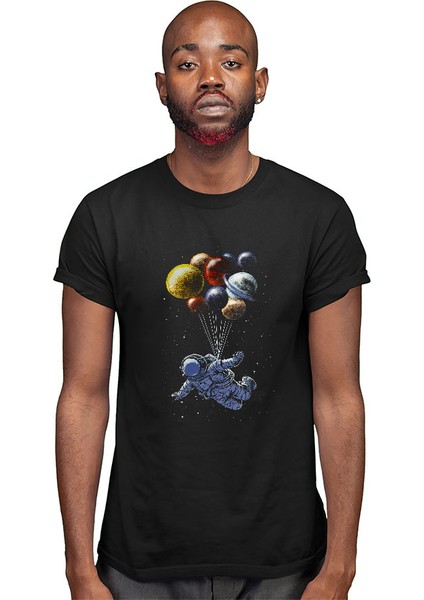 Astronot ve Uçan Gezegenler Siyah Unisex Tişört T-Shirt