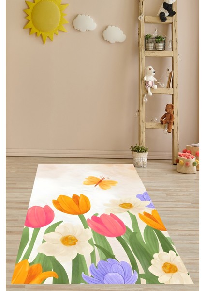 Renkli Laleler Kelebek Desen Çocuk Odası Yıkanabilir Kaymaz Taban Leke Tutmaz Çocuk Odası Halısı
