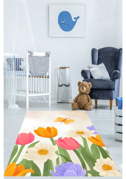 Renkli Laleler Kelebek Desen Çocuk Odası Yıkanabilir Kaymaz Taban Leke Tutmaz Çocuk Odası Halısı fiyatları