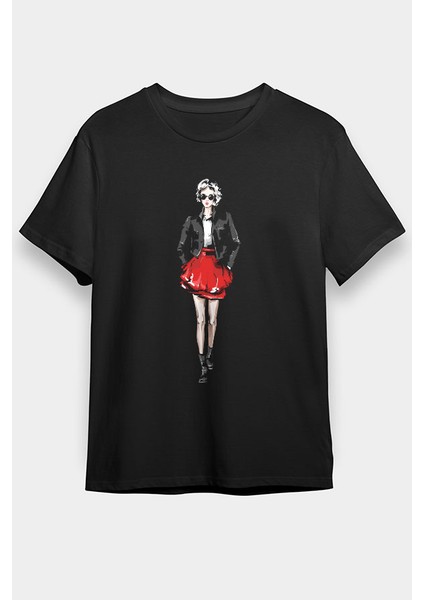 Tarz Kız Kırmızı Etek Siyah Unisex Tişört T-Shirt