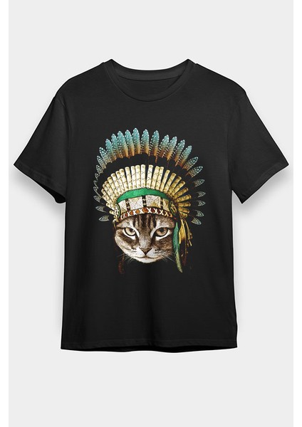 Kızılderili Lideri Kedi Siyah Unisex Tişört T-Shirt