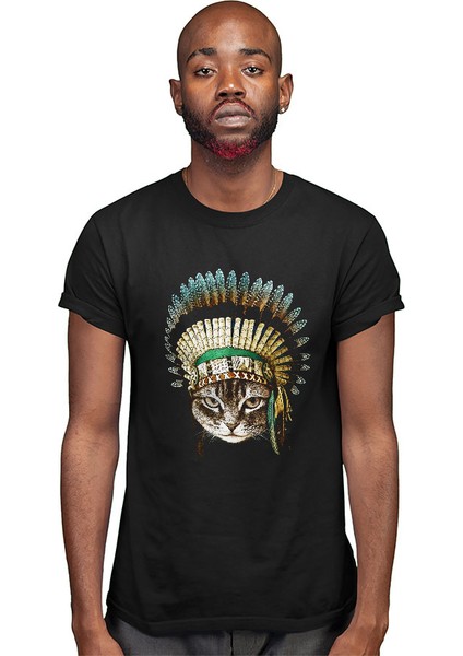 Kızılderili Lideri Kedi Siyah Unisex Tişört T-Shirt