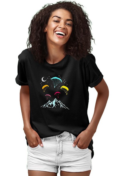 Yamaç Paraşütü - Paragliding Siyah Unisex Tişört T-Shirt