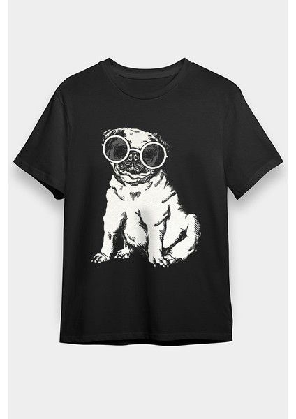 Güneş Gözlüklü Pug - Köpekler Siyah Unisex Tişört T-Shirt