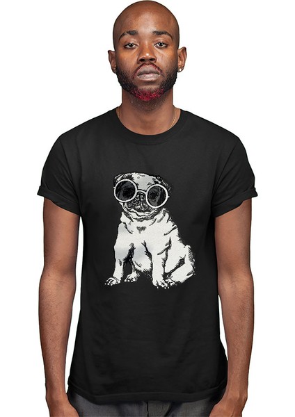 Güneş Gözlüklü Pug - Köpekler Siyah Unisex Tişört T-Shirt modelleri