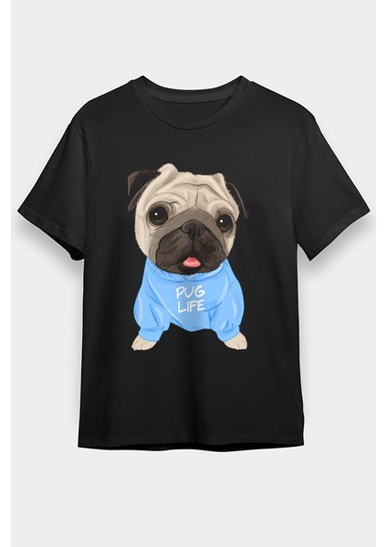 Mavi Giysili Şirin Pug Siyah Unisex Tişört T-Shirt