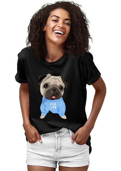 Mavi Giysili Şirin Pug Siyah Unisex Tişört T-Shirt