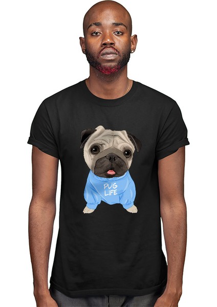 Mavi Giysili Şirin Pug Siyah Unisex Tişört T-Shirt