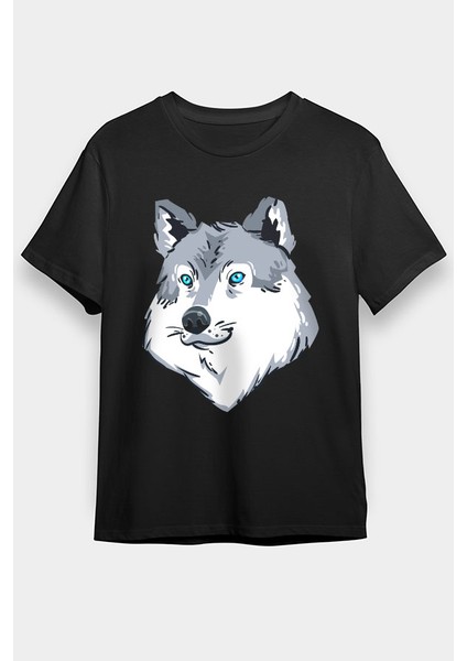 Mavi Gözlü Köpek Sibirya Kurdu Husky Haski Siyah Unisex Tişört T-Shirt