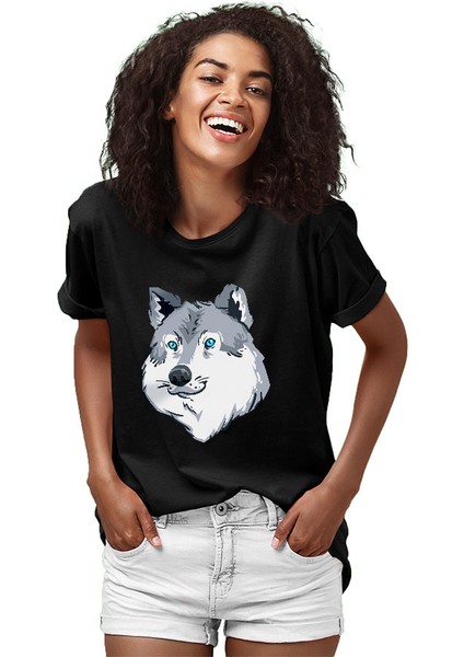 Mavi Gözlü Köpek Sibirya Kurdu Husky Haski Siyah Unisex Tişört T-Shirt