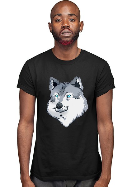 Mavi Gözlü Köpek Sibirya Kurdu Husky Haski Siyah Unisex Tişört T-Shirt