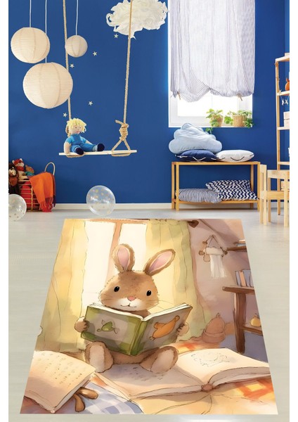 Kitap Okuyan Tavşan Yıkanabilir Kaymaz Taban Leke Tutmaz Çocuk Odası Halısı