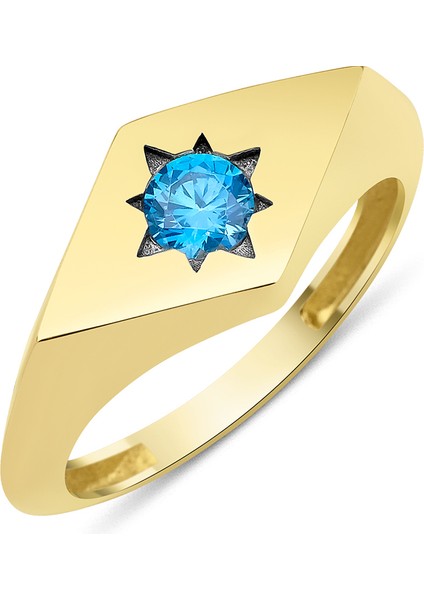 14 Ayar Altın Aquamarine Taş Detaylı Dörtgen Yüzük