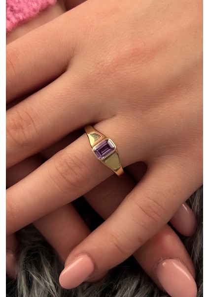 14 Ayar Altın Ametist Taşlı Baget Yüzük modelleri