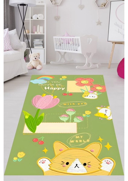 My World Yazılı Kedi Desen Yıkanabilir Kaymaz Taban Leke Tutmaz Çocuk Odası Halısı