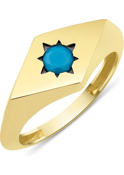 14 Ayar Altın Firuze Taş Detaylı Dörtgen Yüzük