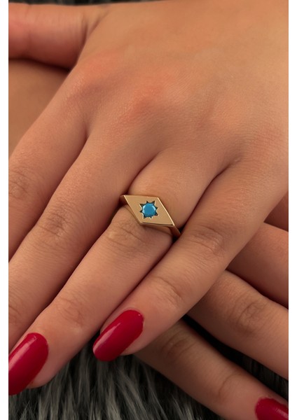 14 Ayar Altın Firuze Taş Detaylı Dörtgen Yüzük fiyatları