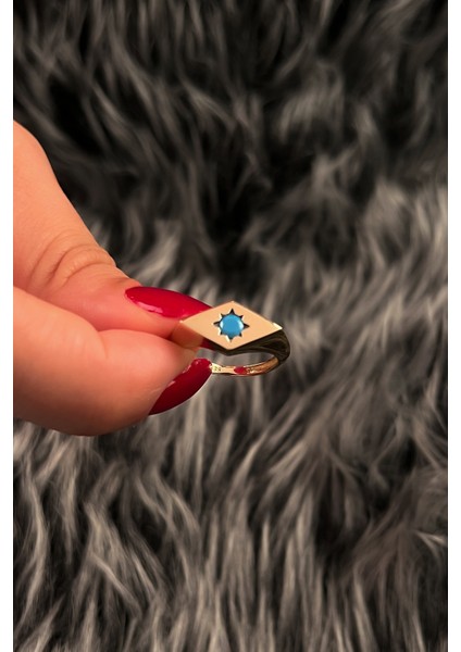 14 Ayar Altın Firuze Taş Detaylı Dörtgen Yüzük modelleri