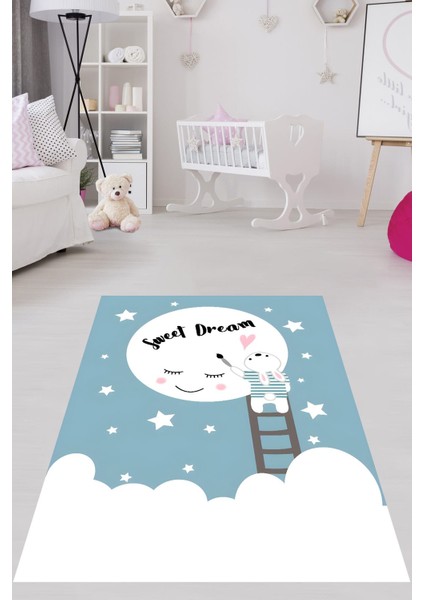 Sweet Dream Yazılı Ay Yıldız Temalı Yıkanabilir Kaymaz Taban Leke Tutmaz Çocuk Odası Halısı fiyatları