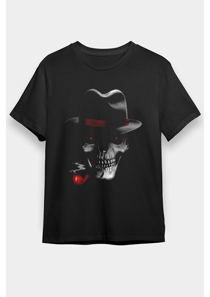 Pipo Içen Şapkalı Kurukafa Siyah Unisex Tişört T-Shirt