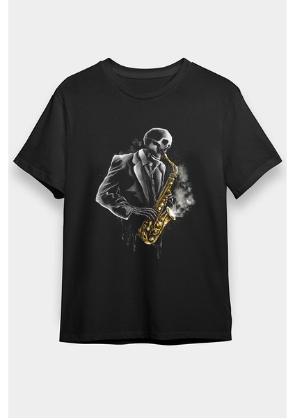 Saksafon Çalan Kurukafa Siyah Unisex Tişört T-Shirt