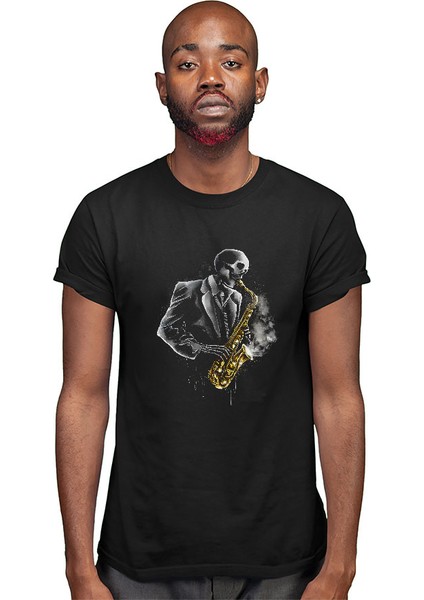 Saksafon Çalan Kurukafa Siyah Unisex Tişört T-Shirt modelleri