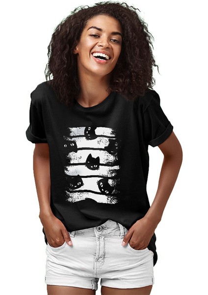 Kara Kedi Siyah Unisex Tişört T-Shirt