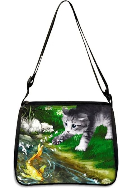 YXBCAT09X Stili 25CMX30CM Moda Prenses Çanta Yaramaz Yavru Bayan Askılı Çanta Kızlar Omuz Crossbody Çanta Yağlıboya Kedi Baskı Saklama Çantası (Yurt Dışından)