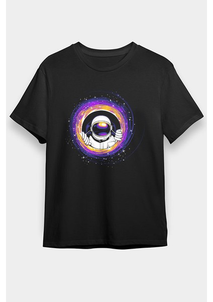 Kara Delikten Bakan Astronot Siyah Unisex Tişört T-Shirt