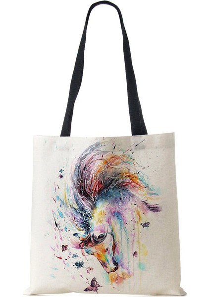 No.3 Tarzı Kadın Kanvas Omuz Çantası Alışveriş Rahat Bakkal Çanta Baskı At Vintage Büyük Kapasiteli Tote Kitap Çantası (Yurt Dışından)