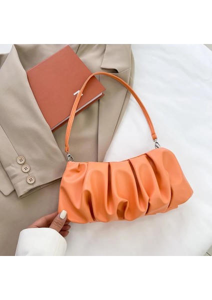Turuncu Tarzı Moda Pilili Omuz Çanta Kadın Katı Pu Zarif Koltukaltı Bulut Çanta Kadınlar Için Сумка На Плечо Кожаная Сумка (Yurt Dışından)