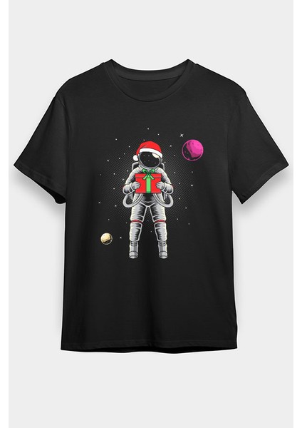 Yeni Yıl Hediyesi Veren Astronot Siyah Unisex Tişört T-Shirt