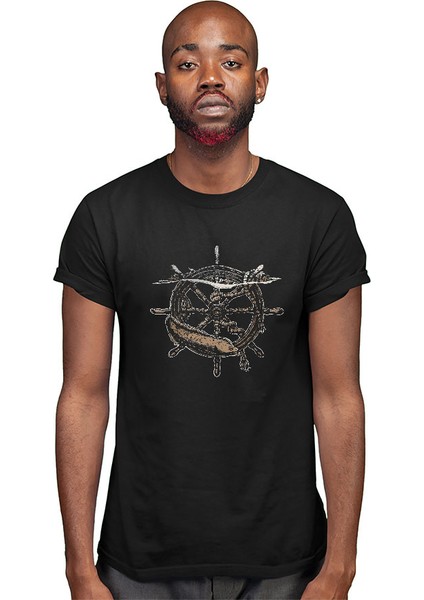 Gemi Dümeni Siyah Unisex Tişört T-Shirt modelleri