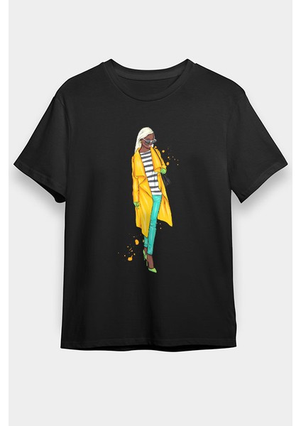 Sarı Trençkot Fashion Siyah Unisex Tişört T-Shirt