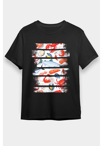 Somon Dilimi Sokak Midyesi Mürekkep Balığı Siyah Unisex Tişört T-Shirt