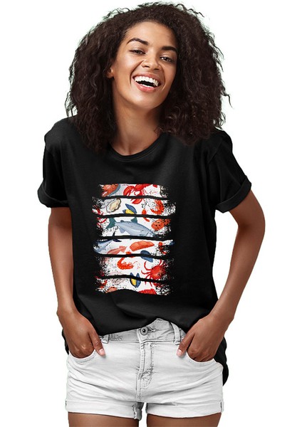 Somon Dilimi Sokak Midyesi Mürekkep Balığı Siyah Unisex Tişört T-Shirt fiyatları
