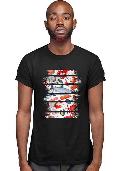 Somon Dilimi Sokak Midyesi Mürekkep Balığı Siyah Unisex Tişört T-Shirt modelleri