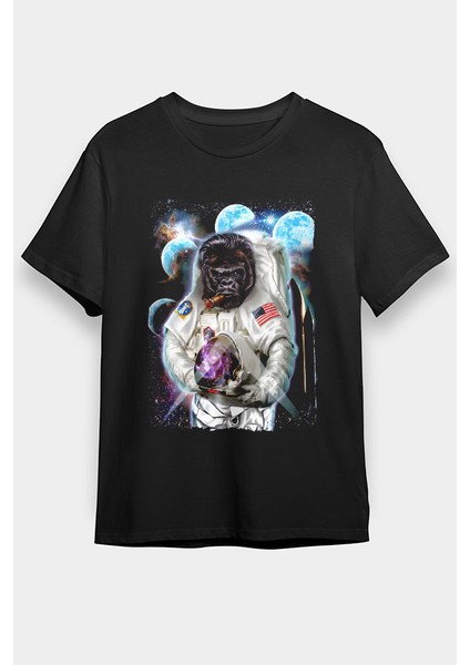 Astronot Goril Siyah Unisex Tişört T-Shirt