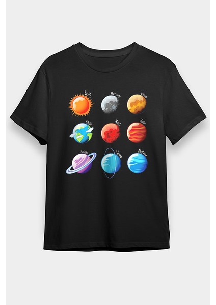 Güneş Sistemi Siyah Unisex Tişört T-Shirt