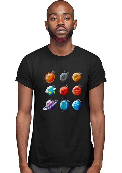 Güneş Sistemi Siyah Unisex Tişört T-Shirt modelleri