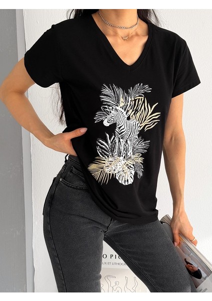Zebra Baskılı Ve Pullu T-Shirt