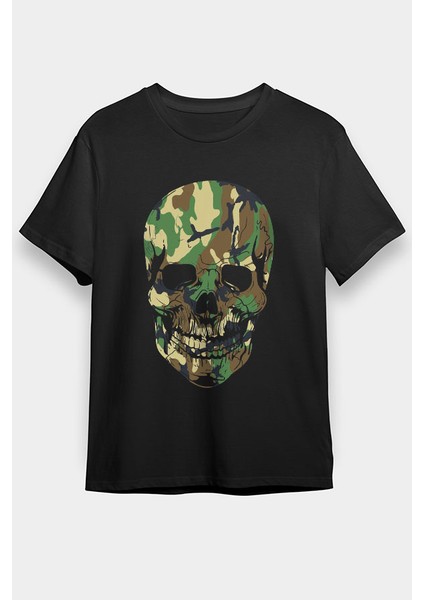 Kamuflaj Asker Kurukafa Siyah Unisex Tişört T-Shirt