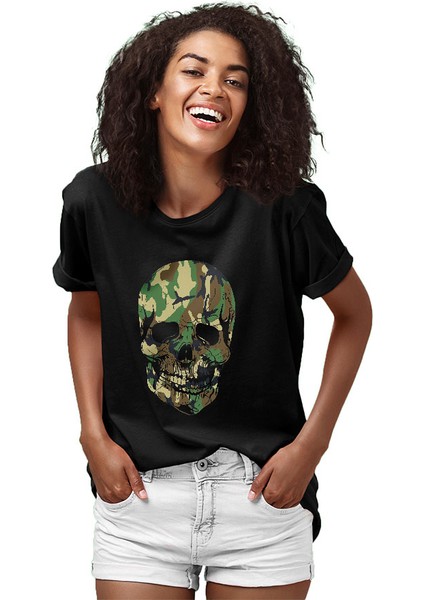 Kamuflaj Asker Kurukafa Siyah Unisex Tişört T-Shirt fiyatları
