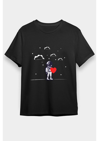 Kalp Tutan Astronot Siyah Unisex Tişört T-Shirt