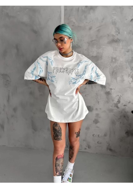 Unisex Bisiklet Yaka Baskılı Oversize T-Shirt - Beyaz fiyatları