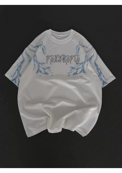 Unisex Bisiklet Yaka Baskılı Oversize T-Shirt - Beyaz fırsatları